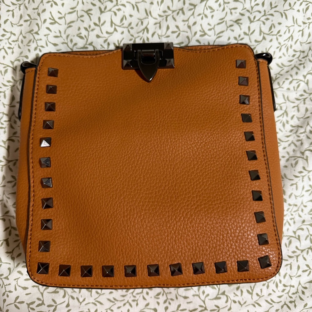 Studded Tan Leather Shoulder Bag